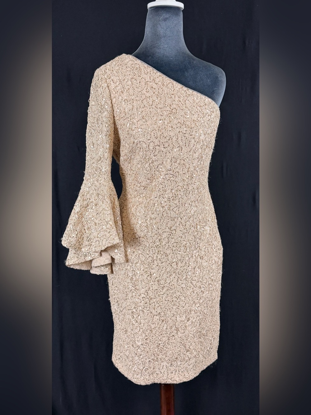 Calvin Klein Dress 4 One-Shoulder Sequin Midi Champagne Hippy Stretch cocktail